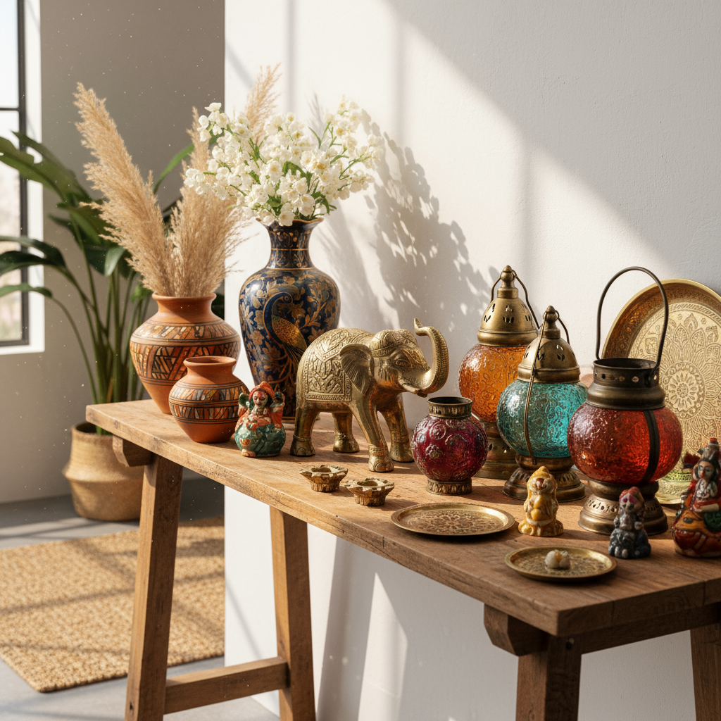 a large, clear, high-quality photo of authentic Indian handicrafts, brightly lit with well-defined details, featuring a variety of items in brass, glass, clay, and porcelain, aesthetically arranged for a premium home decor look