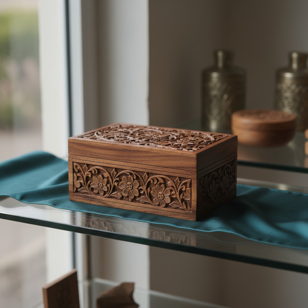 a wooden box with a floral pattern on a glass shelf, displayed in a shop vitrine, showcasing detailed handicraft.