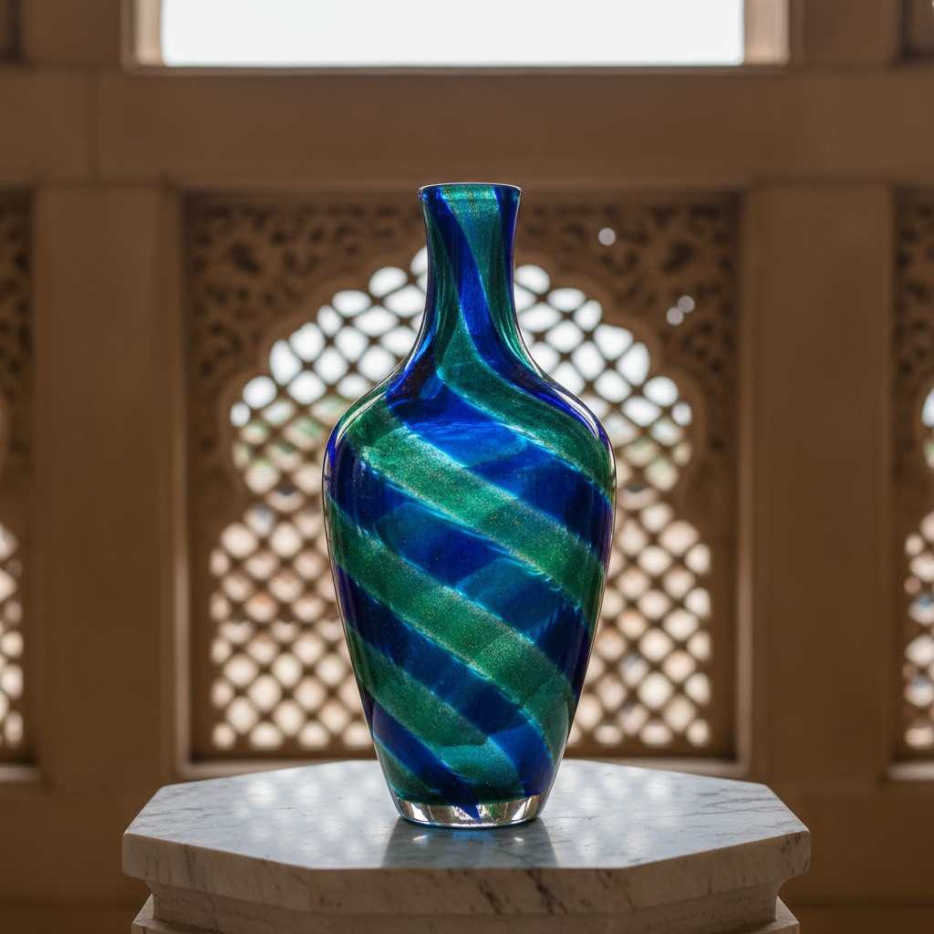 The image depicts a bright blue and green decorative vase sitting atop a marble table with intricate shadow-filled, lace c...