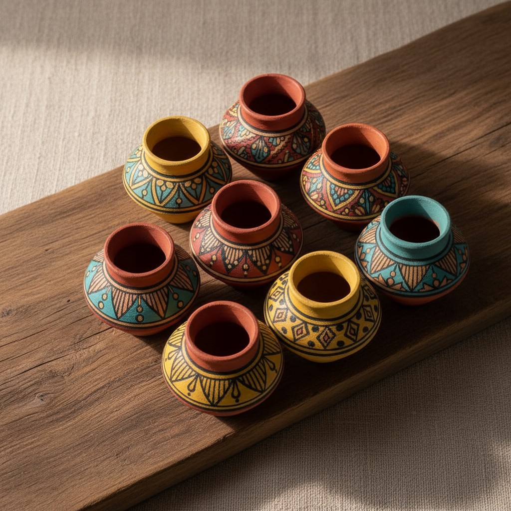 A collection of eight colorful vases with intricate designs arranged on a wooden board, adorned with small holes left unfi...