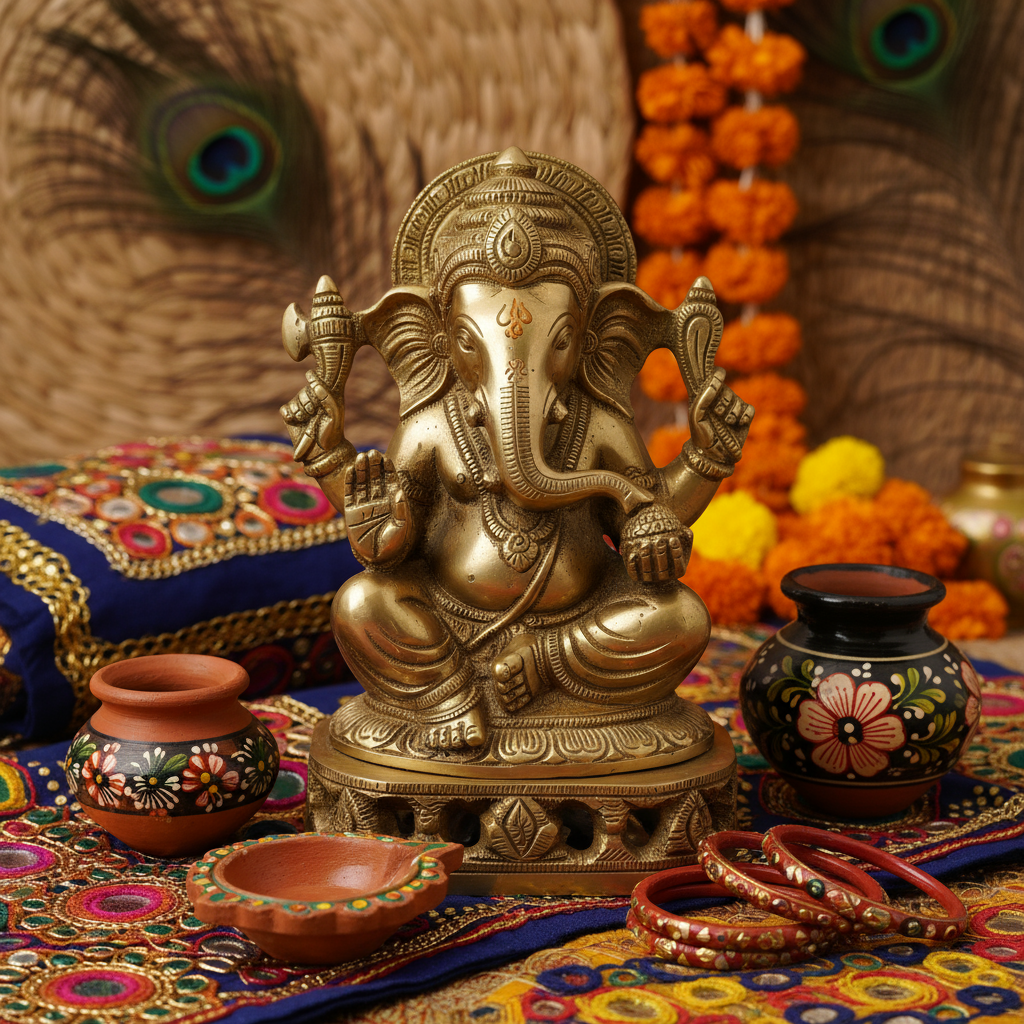Indian handicrafts, featuring a brass Ganesha idol